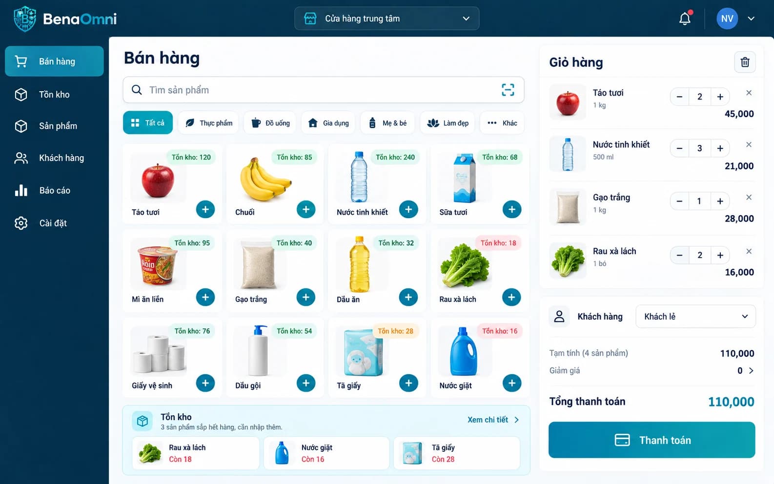 Ảnh minh hoạ màn hình bán hàng và tồn kho BenaOmni